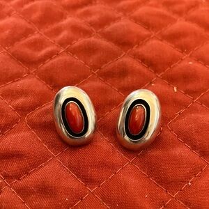 Vintage Shadowbox Silver and Coral Oval Post Earrings